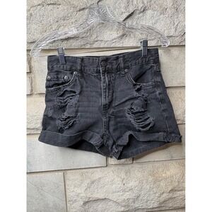 Aeropostale Womens High Waisted‎ Distressed Mom Shorts Faded Black Denim Size 0
